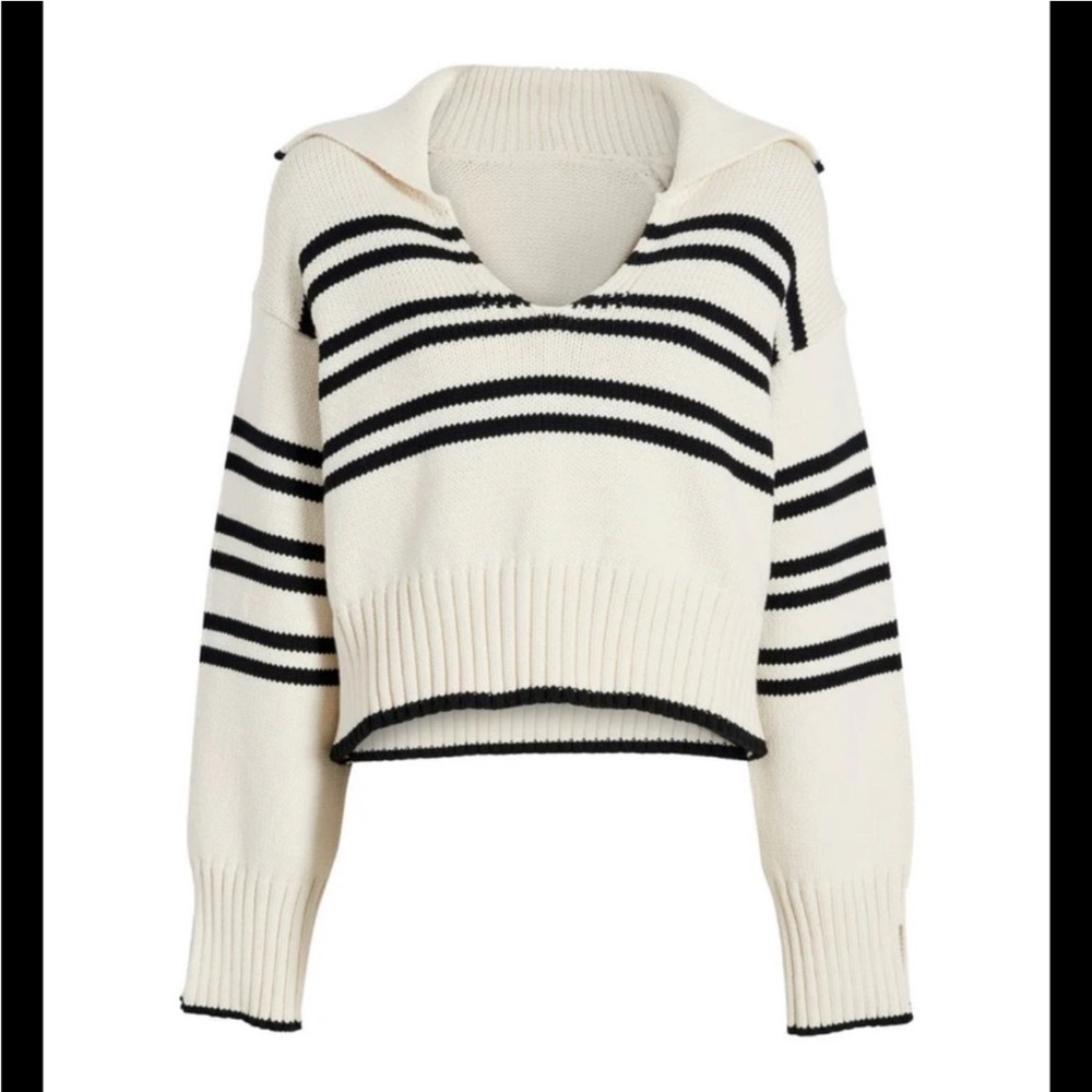 Solid & Striped V-Neck Cropped Sweater - Black & Cream